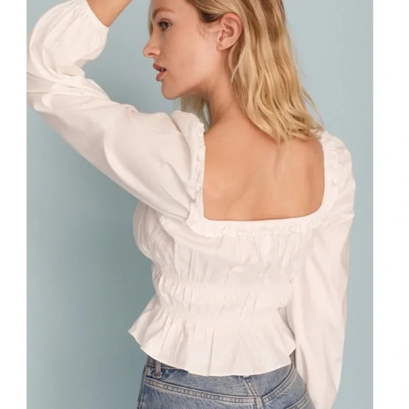 Reformation Fern Ruffled Gathered Stretch Organic Cotton Poplin Top - Picture 3 of 7